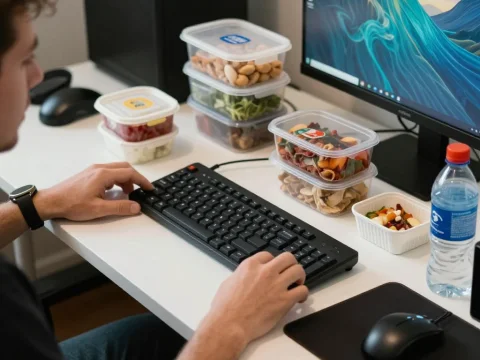 Person Working at Desk with Healthy Snacks and Computer Setup