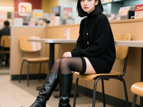 Petite Woman in Black Sitting in Casual Cafe Setting
