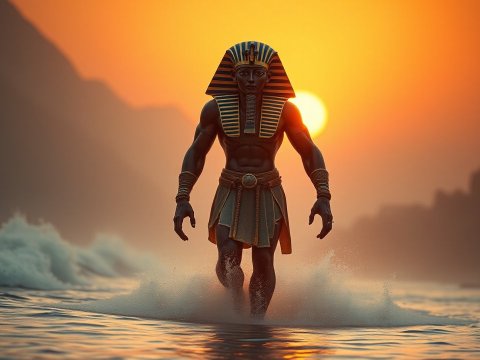 Pharaoh Walking Through Water at Sunset