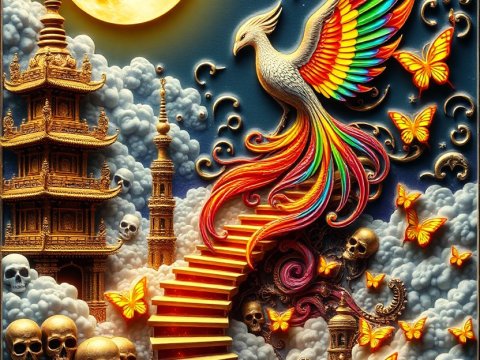 Phoenix Ascending Amid Golden Skulls and Butterflies Under Full Moon