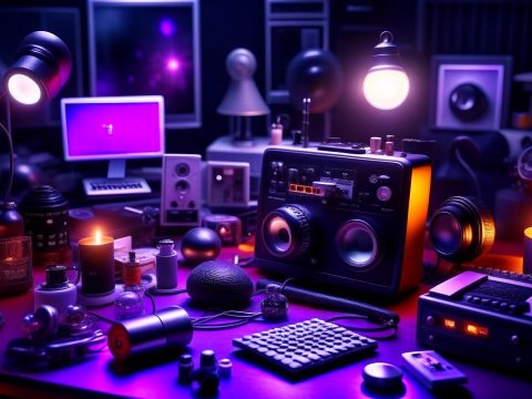 Photo Realistic Concept of Retro Audio and Tech Gadgets on Desk