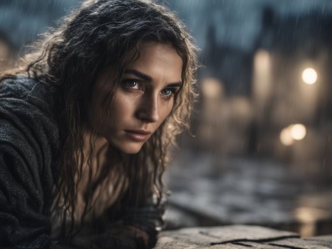 Photorealistic Close-Up of Woman in Rainy Night