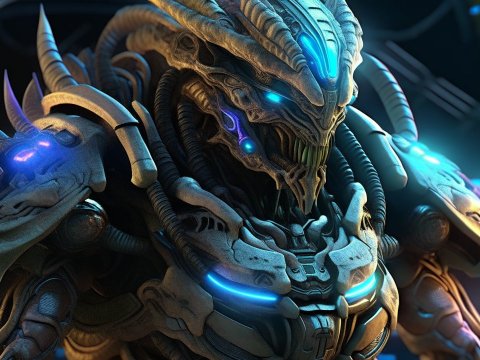 Photorealistic Cyborg Apache Warrior with Glowing Blue Accents