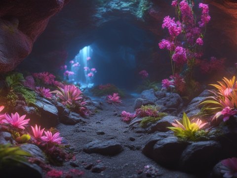 Photorealistic Dark Underground Cave with Vibrant Flowers