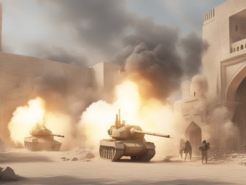 Photorealistic Desert Battle with Tanks and Soldiers