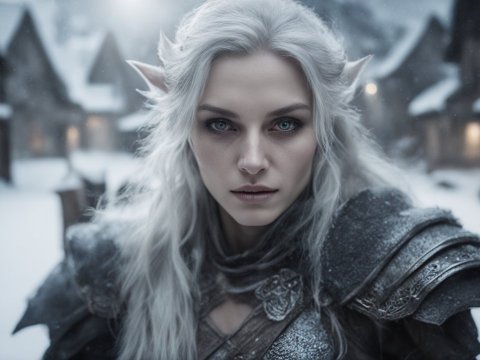 Photorealistic Elven Guardian in Snowy Village