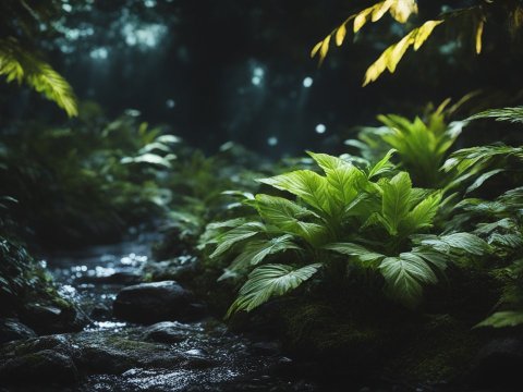 Photorealistic Forest Stream with Lush Green Foliage
