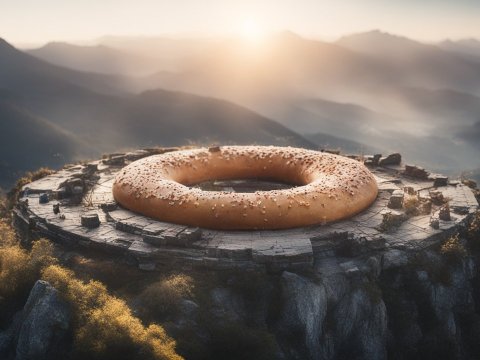 Photorealistic Giant Donut on Mountain Ruins at Sunrise