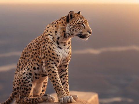 Photorealistic Leopard Sitting on a Rock at Sunset