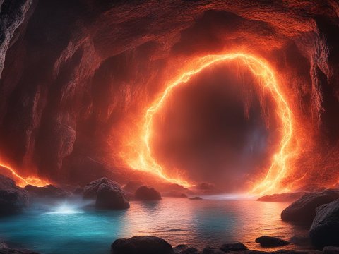 Photorealistic Magical Portal in a Fiery Cave