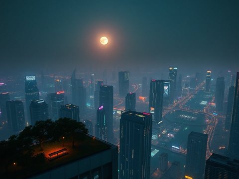 Photorealistic Night Cityscape with Full Moon