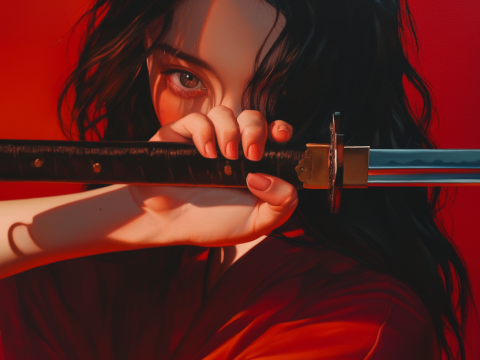 Photorealistic Oil Painting of Woman Holding Katana