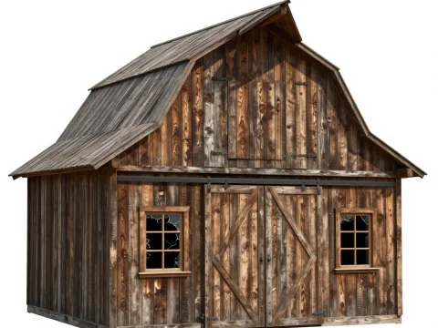 Photorealistic Old Wooden Barn with Broken Windows