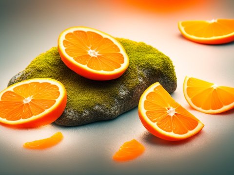 Photorealistic Orange Slices on Mossy Rock