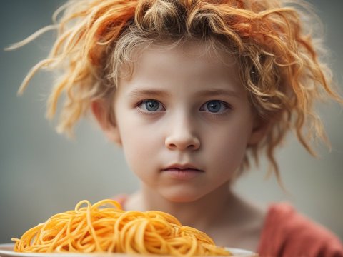 Photorealistic Portrait of a Child Holding Spaghetti