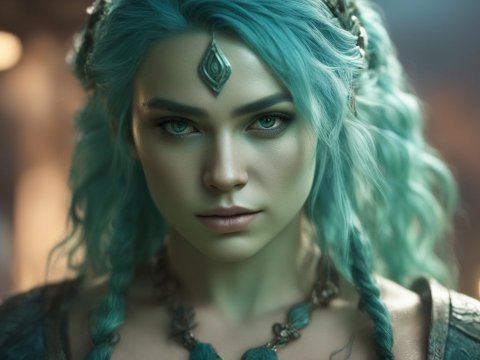 Photorealistic Portrait of a Green-Blue Triton Woman