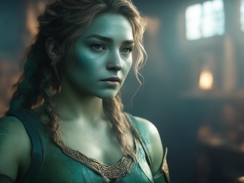 Photorealistic Portrait of a Green-Toned Fantasy Warrior Woman