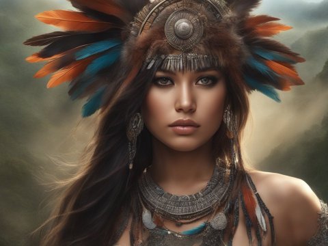 Photorealistic Portrait of a Woman in Tribal Feather Headdress