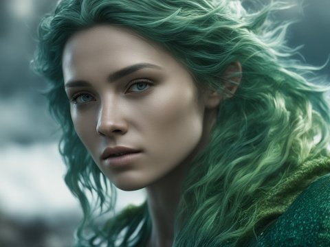 Photorealistic Portrait of a Woman with Green Hair