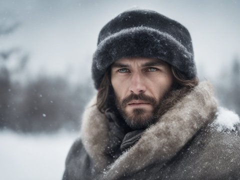 Photorealistic Portrait of Man Wearing Ushanka in Snow