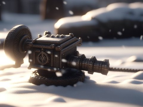 Photorealistic Warhammer Style Mechanical Device in Snow