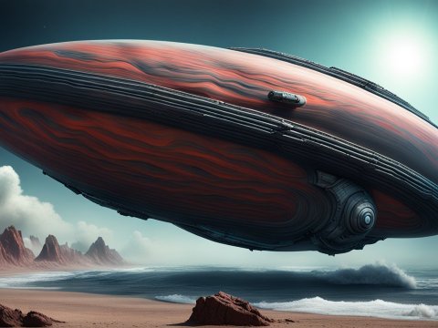 Photorealistic Warpdrive Spaceship Over Alien Beach