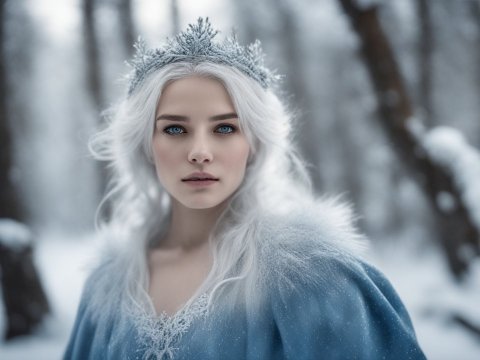 Photorealistic Winter Queen with Icy Crown in Snowy Forest