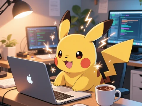 Pikachu Coding Enthusiast in Cozy Workspace