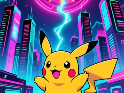 Pikachu in Neon Cyber City with Electric Solar Aura