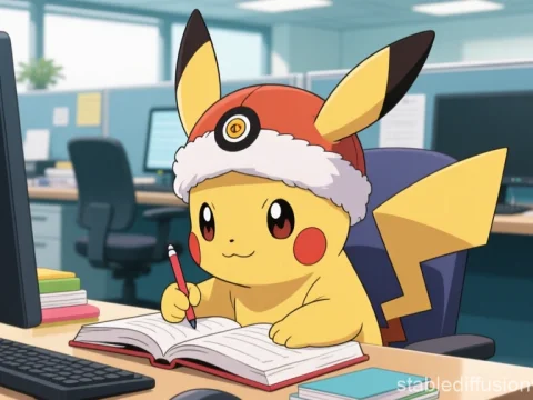 Pikachu Studying in Office Setting