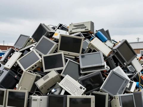Pile of Old Computer Monitors and Keyboards at E-Waste Recycling Yard