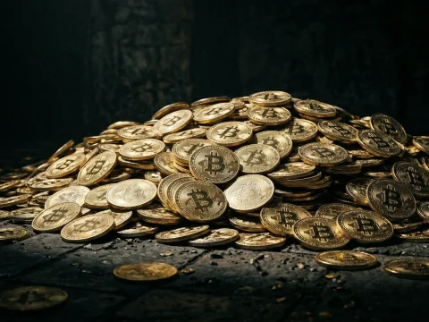 Pile of Shiny Bitcoin Coins on Dark Surface