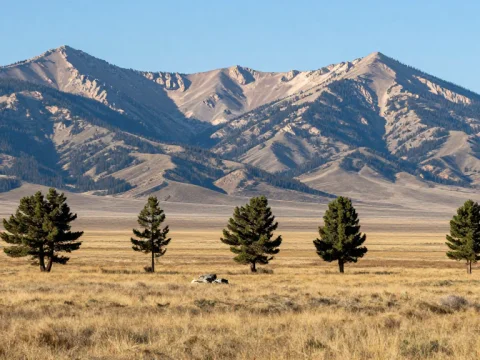 Pine Trees in Open Field with Mountain Range in Bozeman, Montana
