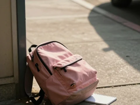 Pink Backpack Left on Sidewalk with Notebook and Pen