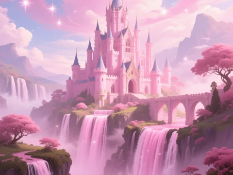 Pink Dream Castle with Waterfalls and Sparkling Sky