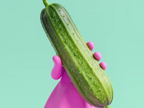 Pink Figurine Holding a Large Fresh Cucumber