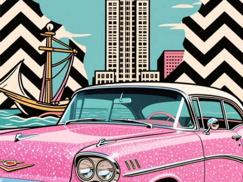 Pink Glitter Classic Car with Cityscape and Sailboat