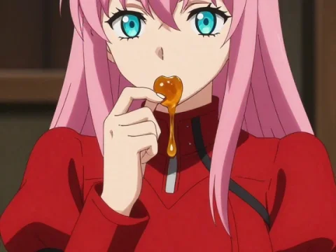 Pink-Haired Anime Girl Eating Honey