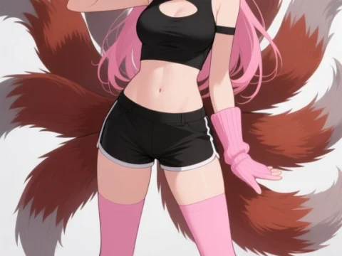 Pink-Haired Kitsune Girl with Multiple Tails in Sporty Outfit