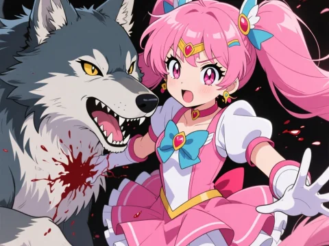Pink-Haired Magical Girl Battling a Fierce Wolf
