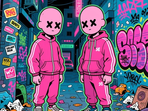 Pink Hooded Characters in Neon Graffiti Alley