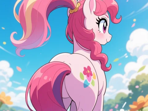 Pink Unicorn Pony with Colorful Tail in Sunny Meadow