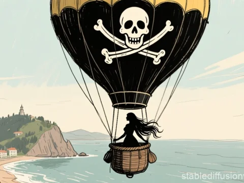 Pirate Balloon with Woman Silhouette Over Coastal Town