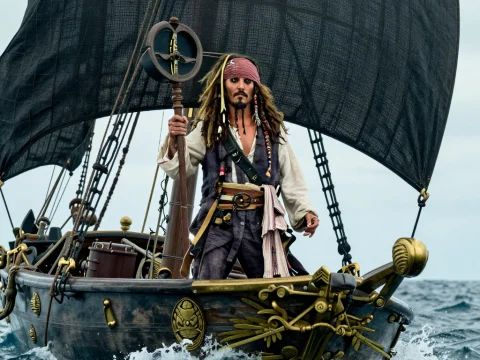 Pirate Captain on a Vintage Ship with Black Sails