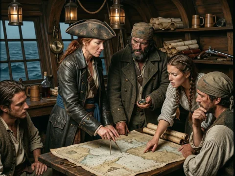 Pirate Captains Strategizing Over Nautical Map