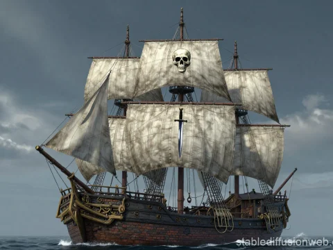 Pirate Ship with Skull and Sword on Sails