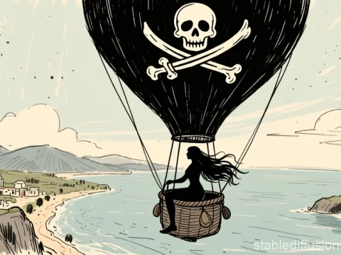 Pirate Woman Flying in a Hot Air Balloon with Skull and Crossbones
