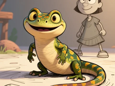 Pixar-Style Cheerful Salamander with Cartoon Girl Sketch