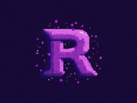 Pixel Art 3D Letter R with Purple Particles