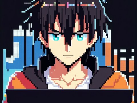 Pixel Art Anime Hacker with Intense Gaze